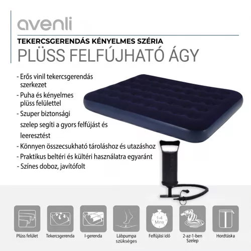 Avenli 26-601001 felfújható ágy pumpával, 191 x 73 x 22 cm, plüs bevonatú fekvőfelület, biztonsági szelep, kül- és beltéri kivitel