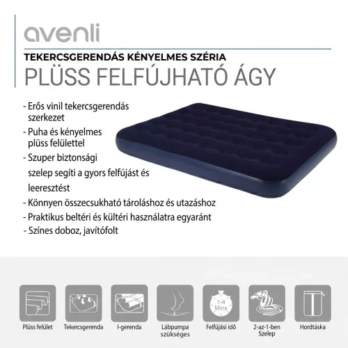 Avenli 26-601100 felfújható ágy, 191 x 137 x 22 cm, plüs bevonatú fekvőfelület, max. 200 kg-ig, biztonsági szelep, kül- és beltéri kivitel