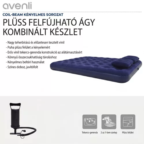 Avenli 26-601301 felfújható ágy pumpával, 203 x 152 x 22 cm, max. 250 kg-ig, plüs bevonatú fekvőfelület, biztonsági szelep, tartozék pumpa, kül- és beltéri kivitel