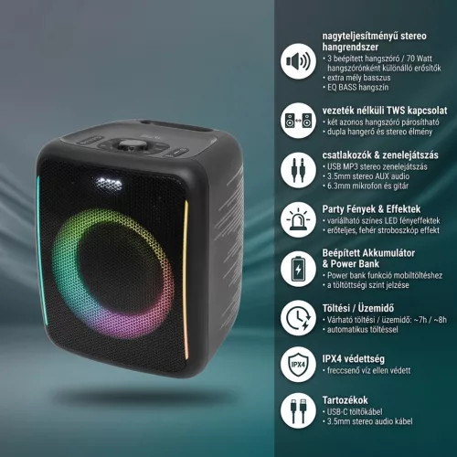 SAL BTCUBE hordozható Boombox, vezeték nélküli hangszóró, 70 watt, 3 hangszóró, Bluetooth TWS, IPX4, beépített akkumulátor