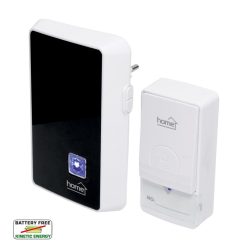   HOME DBK 1000AC vezeték nélküli csengő, elem nélküli, 100m hatótáv, 20 dallam, 3-fokozatú hangerő, kék LED, kinetikus nyomógomb, 230V-os tápellátás