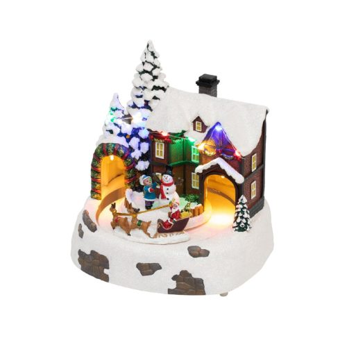 DRM_15 Home DRM 15 dioráma, havas ház, színes LED, rénszarvasszán, beltéri