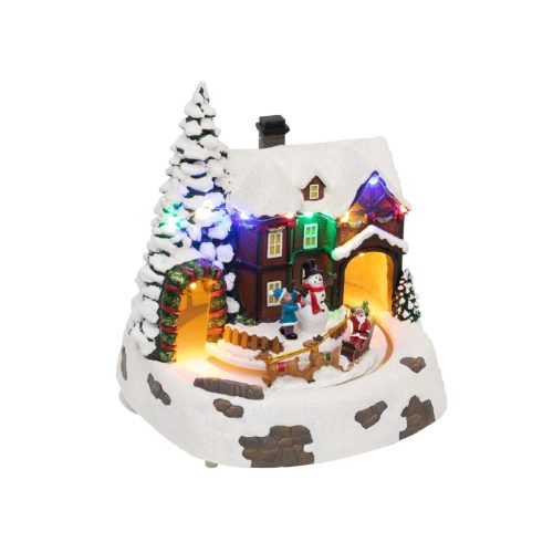 DRM_15 Home DRM 15 dioráma, havas ház, színes LED, rénszarvasszán, beltéri