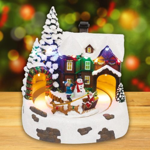DRM_15 Home DRM 15 dioráma, havas ház, színes LED, rénszarvasszán, beltéri