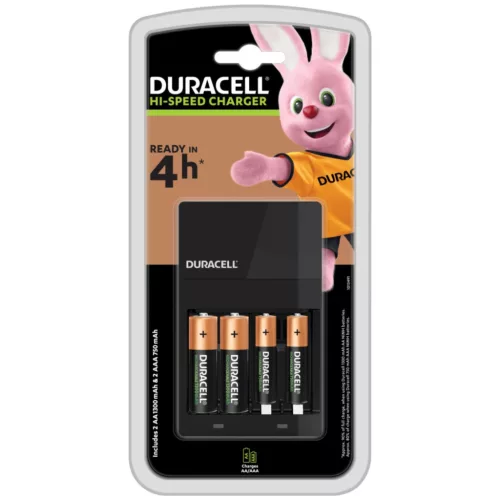 Duracell_CEF14 Duracell CEF14 akkumulátor gyorstöltő, 2db AA és 2db AAA újratölthető akkumulátorral