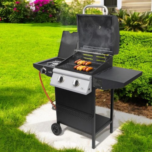 GRG02 Home GRG02 gázgrill, 2 főégővel, 1 oldalégővel, 3,2 kW égőnkénti teljesítmény, 440x400 mm süt