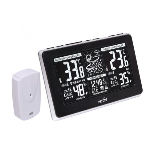 HOME HCW 25 időjárás-állomás külső jeladóval, negatív, fehér LCD kijelző, beltéri hőmérséklet és páratartalom, digitális óra, naptár