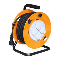   HOME HJR 10-40/1,0 kábeldob, 40 m, fém talp, IP44, H05RR-F 3G 1,0 mm2 gumi kábel, max. 2300 W, 4 aljzat takarófedéllel, védőkapcsoló