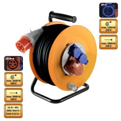   HOME HJR 400-25 kültéri ipari kábeldob, 25 m, fém talp, IP44-es védelem, H07RN-F 5G2,5 mm2 gumi kábel, 2 db 2P+E és 1 db 3P+N+E aljzattal, védőkapcsoló