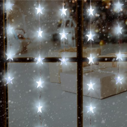 HOME KAF 50L LED-es csillag fényfüggöny, 1,35 m / 50 db hidegfehér LED csillag figurákban, átlátszó vezeték, hálózati adapter, beltéri kivitel