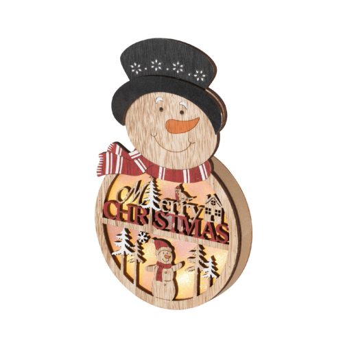 KLW_21_S Home KLW 21 S ajtódísz, ablakdísz, fa, hóember forma, 4 db LED, lézervágott, kapcsolható