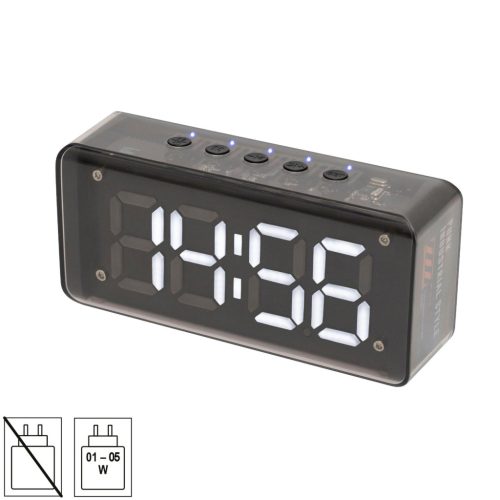HOME MECHACLOCK ébresztőóra multimédia lejátszóval, 3 W, fehér LED kijelző, FM rádió, BT, microSD, USB-C, ~15 óra üzemidő