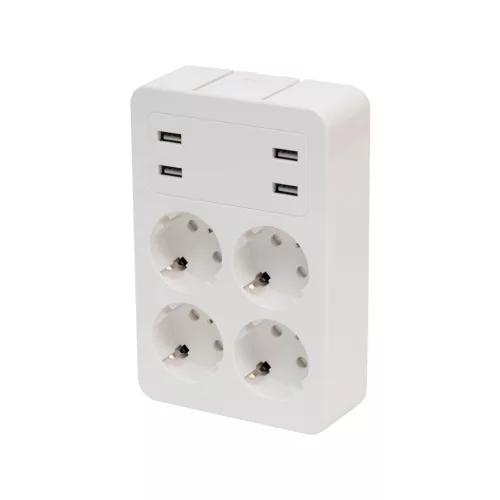 NV_4_USB Home NV 4 USB tálcás USB-s elosztó, 4 földelt aljzat, 4 USB aljzat össz 2,4A, elforgatható