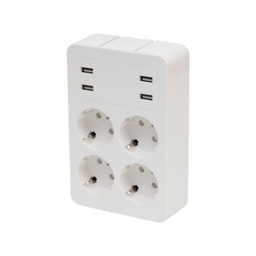 HOME NV 4 USB tálcás USB-s elosztó, 4 földelt aljzat, 4 USB aljzat össz 2,4A, elforgatható csatlakozódugó, max.3680W