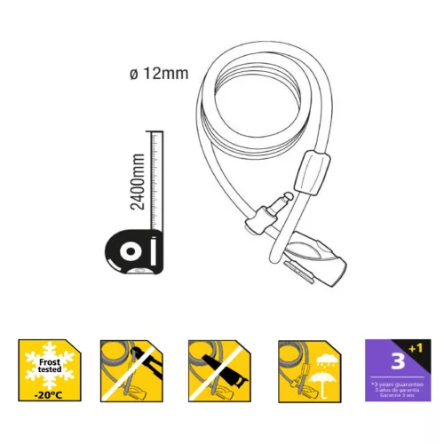 STANLEY S741-159 családi kulcskábeles kerékpár zár, 3 kulcsos, 2400 mm hosszúság