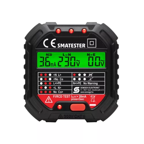 SMATESTER Home SMATESTER konnektor teszter, LED visszajelzők, Voltmérő, L-N, N-E, RCD mA, Fi és RCD