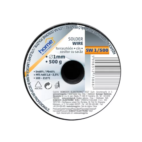 SW_1_500 Home SW 1/500 forrasztóón, 1mm, 500g, európai gyártótól származó kiváló minőségű forrasztó
