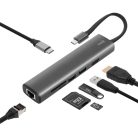 HOME USBHUB7 dokkoló állomás, Gigabit RJ45, 4K HDMI HDR,  egér, billentyűzet, TF/microSD, SD, 2 TB USB tároló, merevlemez, ~100 W PD, plug & play